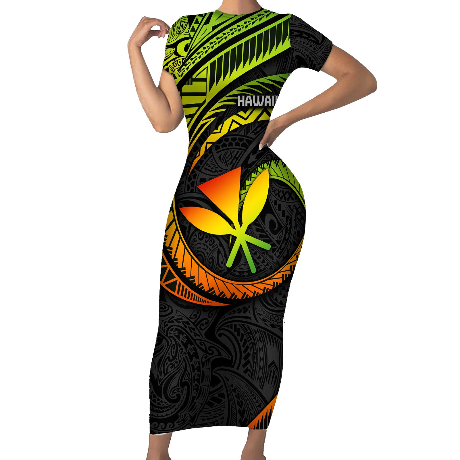 Hawaii Kanaka Maoli Short Sleeve Bodycon Dress Polynesian Tornado Infusion Gradient TS04 Long Dress Gradient - Polynesian Pride