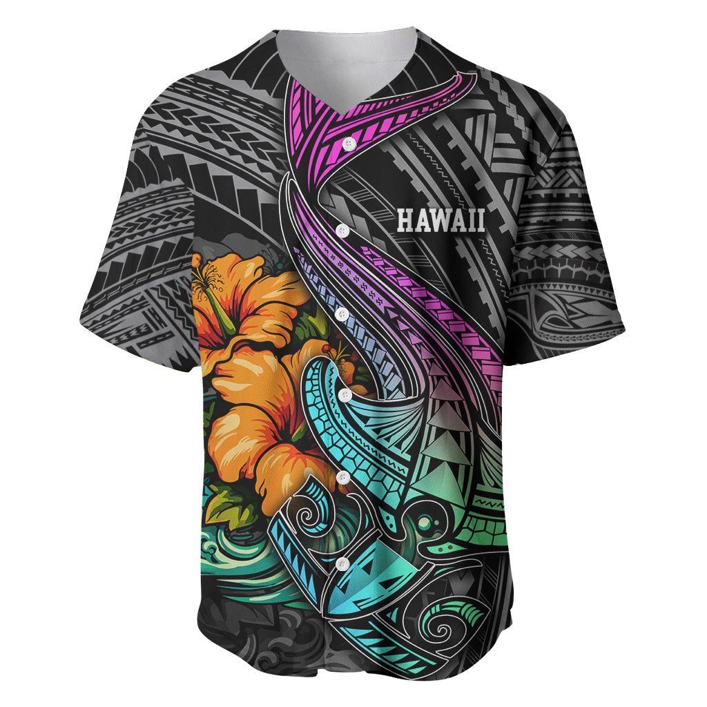 Hawaii Polynesian Baseball Jersey with Tribal Hammerhead Sharks and Hibiscus Black TS04 Black - Polynesian Pride