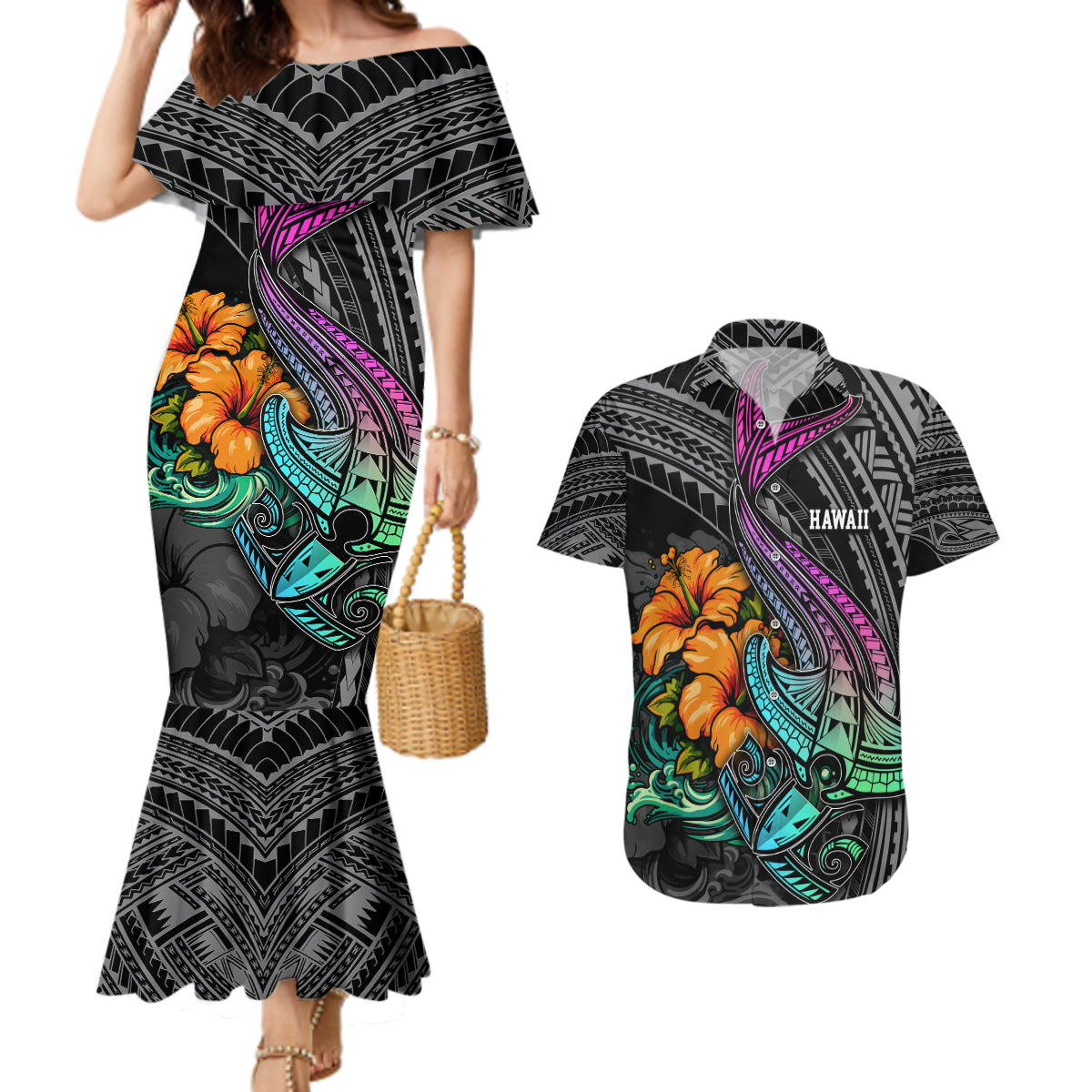 Hawaii Polynesian Couples Matching Mermaid Dress and Hawaiian Shirt with Tribal Hammerhead Sharks and Hibiscus Black TS04 Black - Polynesian Pride
