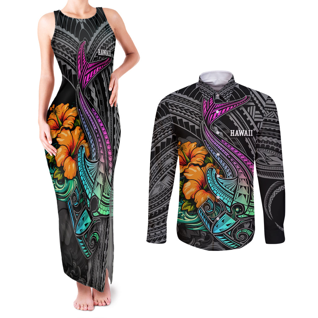 Hawaii Polynesian Couples Matching Tank Maxi Dress and Long Sleeve Button Shirt with Tribal Hammerhead Sharks and Hibiscus Black TS04 Black - Polynesian Pride