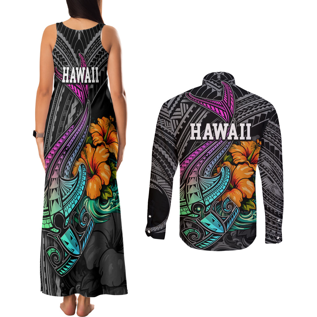 Hawaii Polynesian Couples Matching Tank Maxi Dress and Long Sleeve Button Shirt with Tribal Hammerhead Sharks and Hibiscus Black TS04 - Polynesian Pride