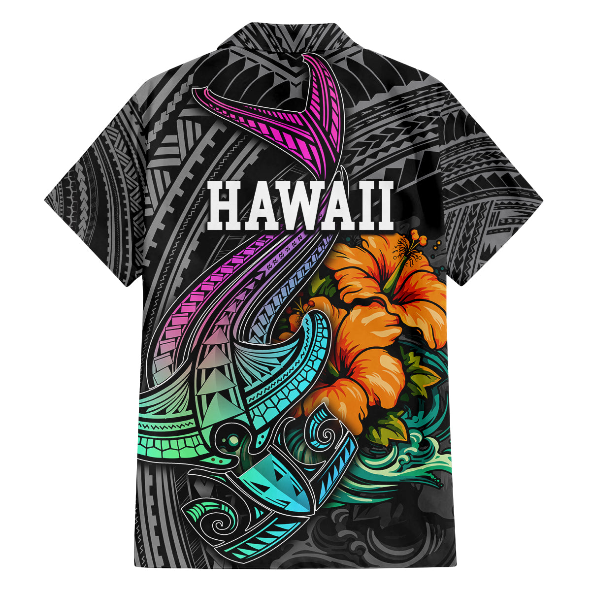 Hawaii Polynesian Family Matching Long Sleeve Bodycon Dress and Hawaiian Shirt with Tribal Hammerhead Sharks and Hibiscus Black TS04 - Polynesian Pride