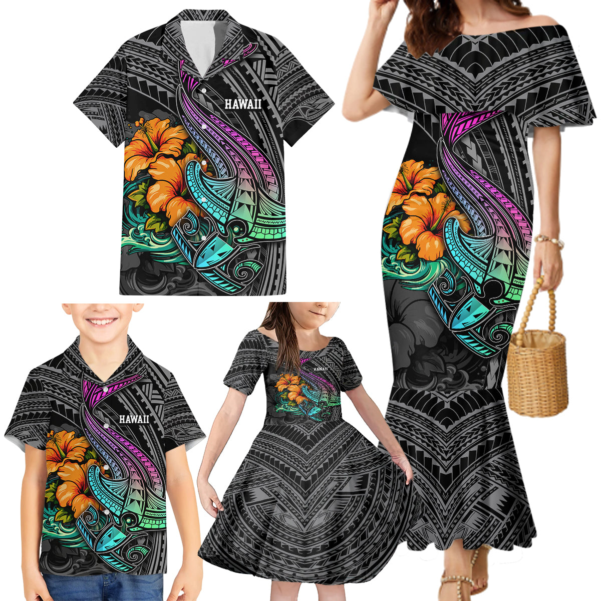 Hawaii Polynesian Family Matching Mermaid Dress and Hawaiian Shirt with Tribal Hammerhead Sharks and Hibiscus Black TS04 - Polynesian Pride