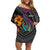 Hawaii Polynesian Family Matching Off Shoulder Short Dress and Hawaiian Shirt with Tribal Hammerhead Sharks and Hibiscus Black TS04 Mom's Dress Black - Polynesian Pride