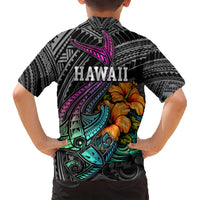 Hawaii Polynesian Kid Hawaiian Shirt with Tribal Hammerhead Sharks and Hibiscus Black TS04 - Polynesian Pride