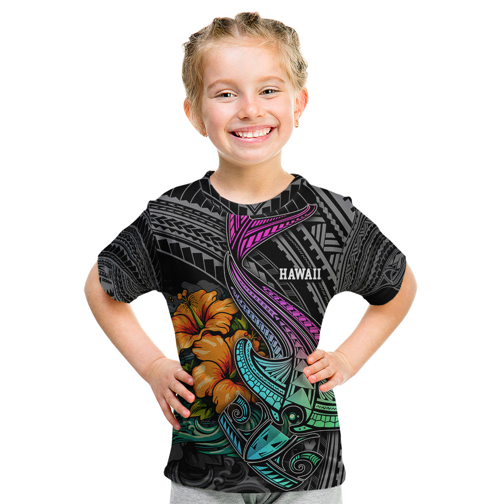 Hawaii Polynesian Kid T Shirt with Tribal Hammerhead Sharks and Hibiscus Black TS04 Black - Polynesian Pride