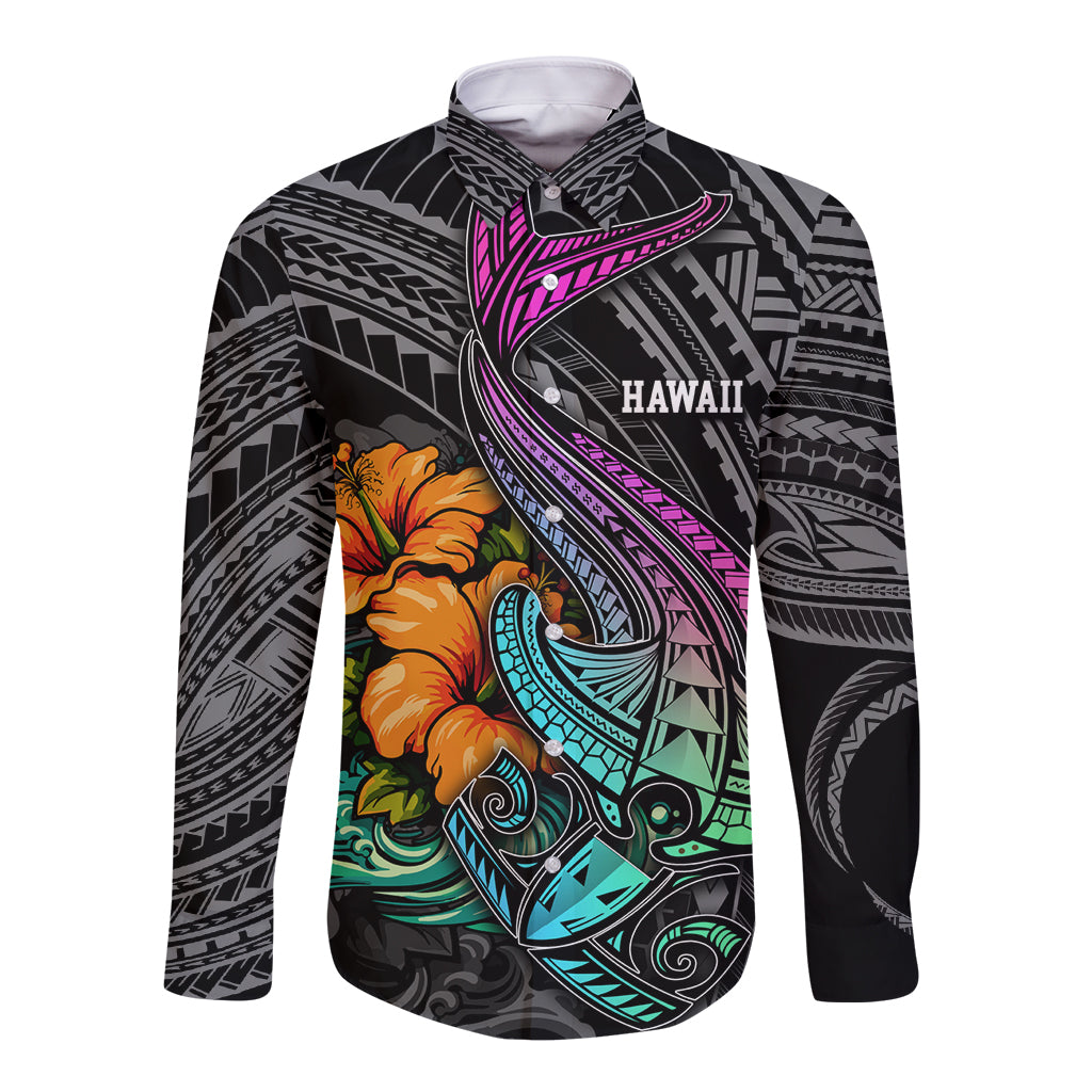 Hawaii Polynesian Long Sleeve Button Shirt with Tribal Hammerhead Sharks and Hibiscus Black TS04 Unisex Black - Polynesian Pride