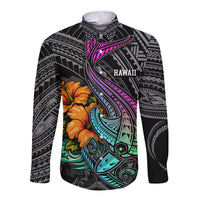 Hawaii Polynesian Long Sleeve Button Shirt with Tribal Hammerhead Sharks and Hibiscus Black TS04 Unisex Black - Polynesian Pride
