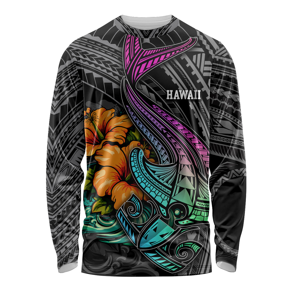 Hawaii Polynesian Long Sleeve Shirt with Tribal Hammerhead Sharks and Hibiscus Black TS04 Unisex Black - Polynesian Pride