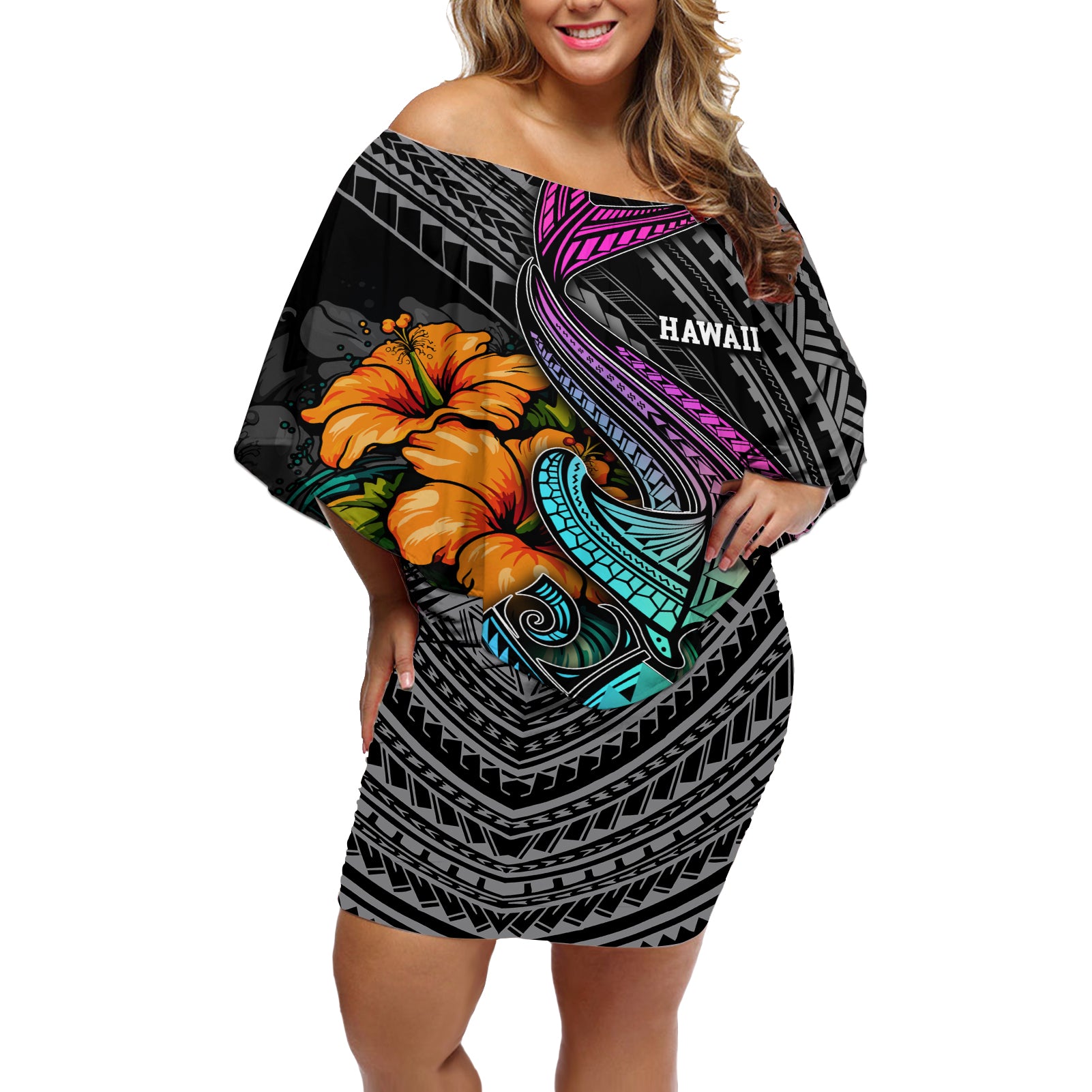 Hawaii Polynesian Off Shoulder Short Dress with Tribal Hammerhead Sharks and Hibiscus Black TS04 Women Black - Polynesian Pride