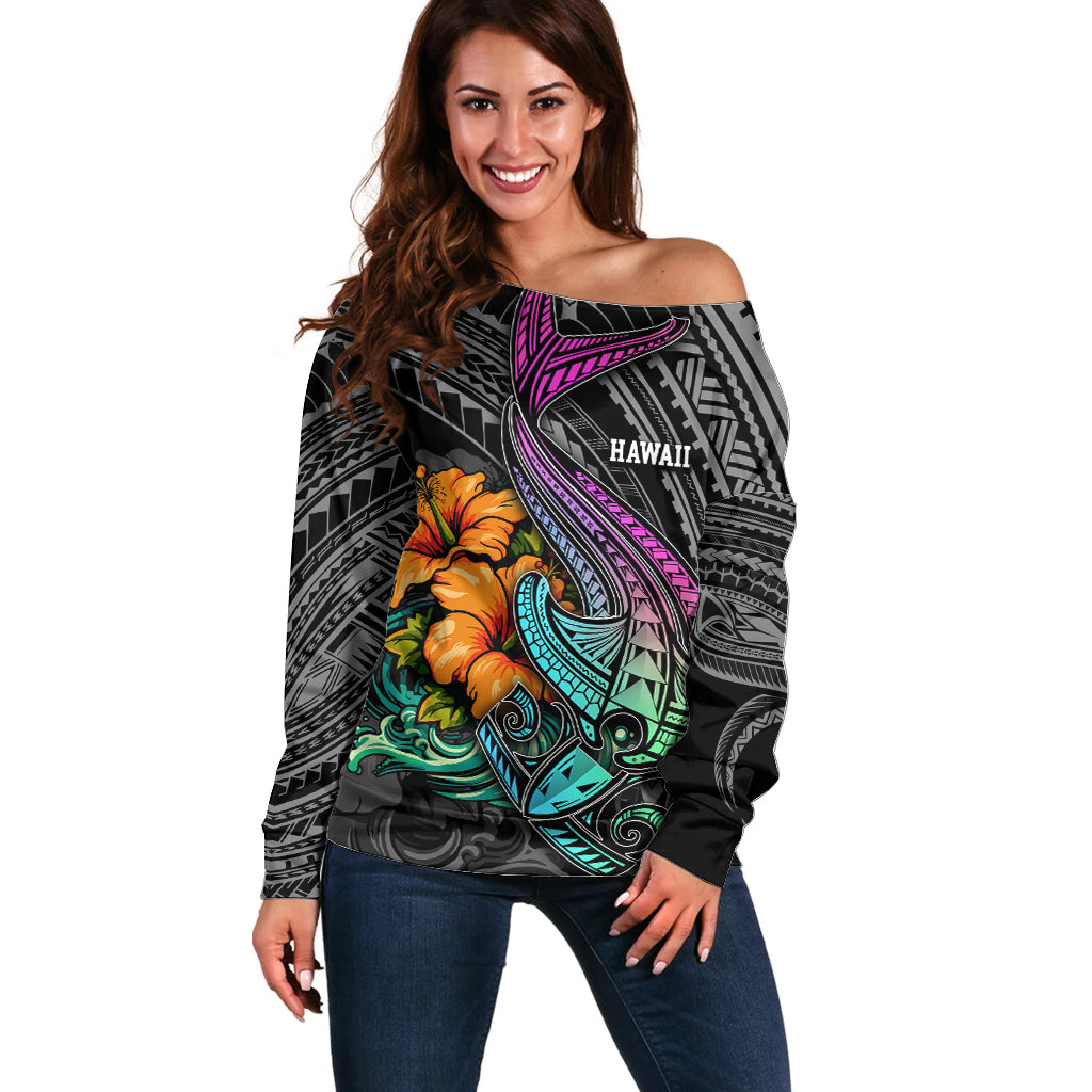 Hawaii Polynesian Off Shoulder Sweater with Tribal Hammerhead Sharks and Hibiscus Black TS04 Women Black - Polynesian Pride