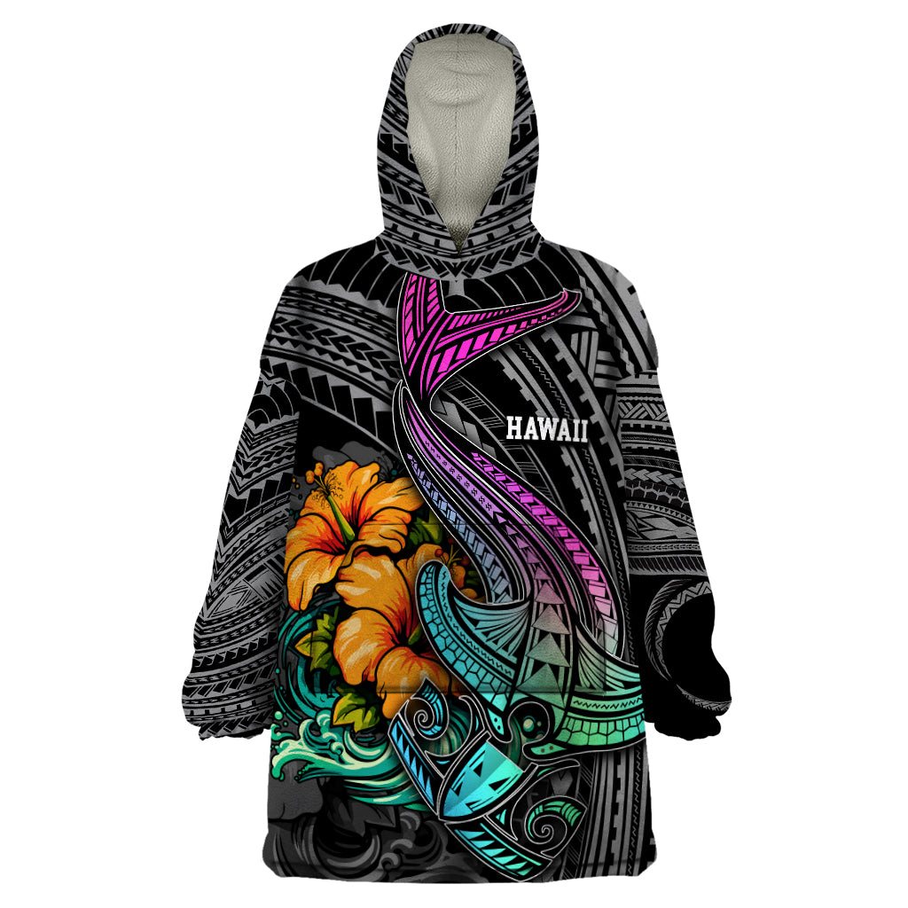 Hawaii Polynesian Wearable Blanket Hoodie with Tribal Hammerhead Sharks and Hibiscus Black TS04 One Size Black - Polynesian Pride