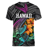 Hawaii Polynesian Women V Neck T Shirt with Tribal Hammerhead Sharks and Hibiscus Black TS04 - Polynesian Pride