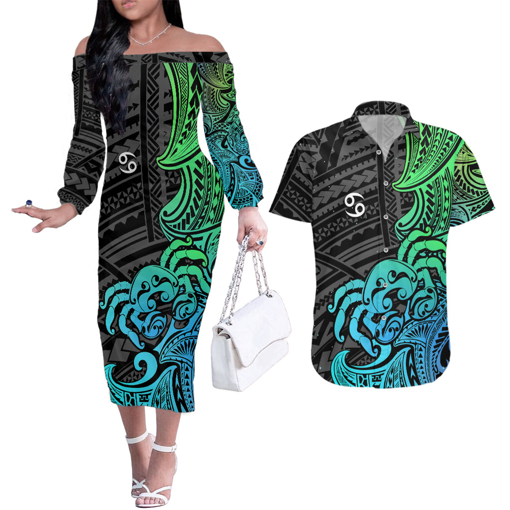 Zodiac Cancer Couples Matching Off The Shoulder Long Sleeve Dress and Hawaiian Shirt Polynesian in Gradient Blue TS04 Gradient Blue - Polynesian Pride