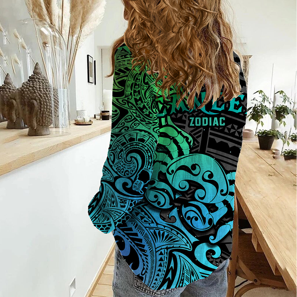 Zodiac Cancer Women Casual Shirt Polynesian in Gradient Blue TS04 - Polynesian Pride