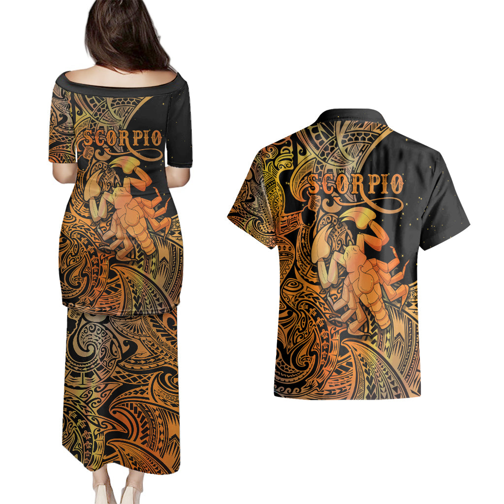 Zodiac Scorpio Couples Matching Puletasi Dress and Hawaiian Shirt Polynesian in Orange TS04 - Polynesian Pride