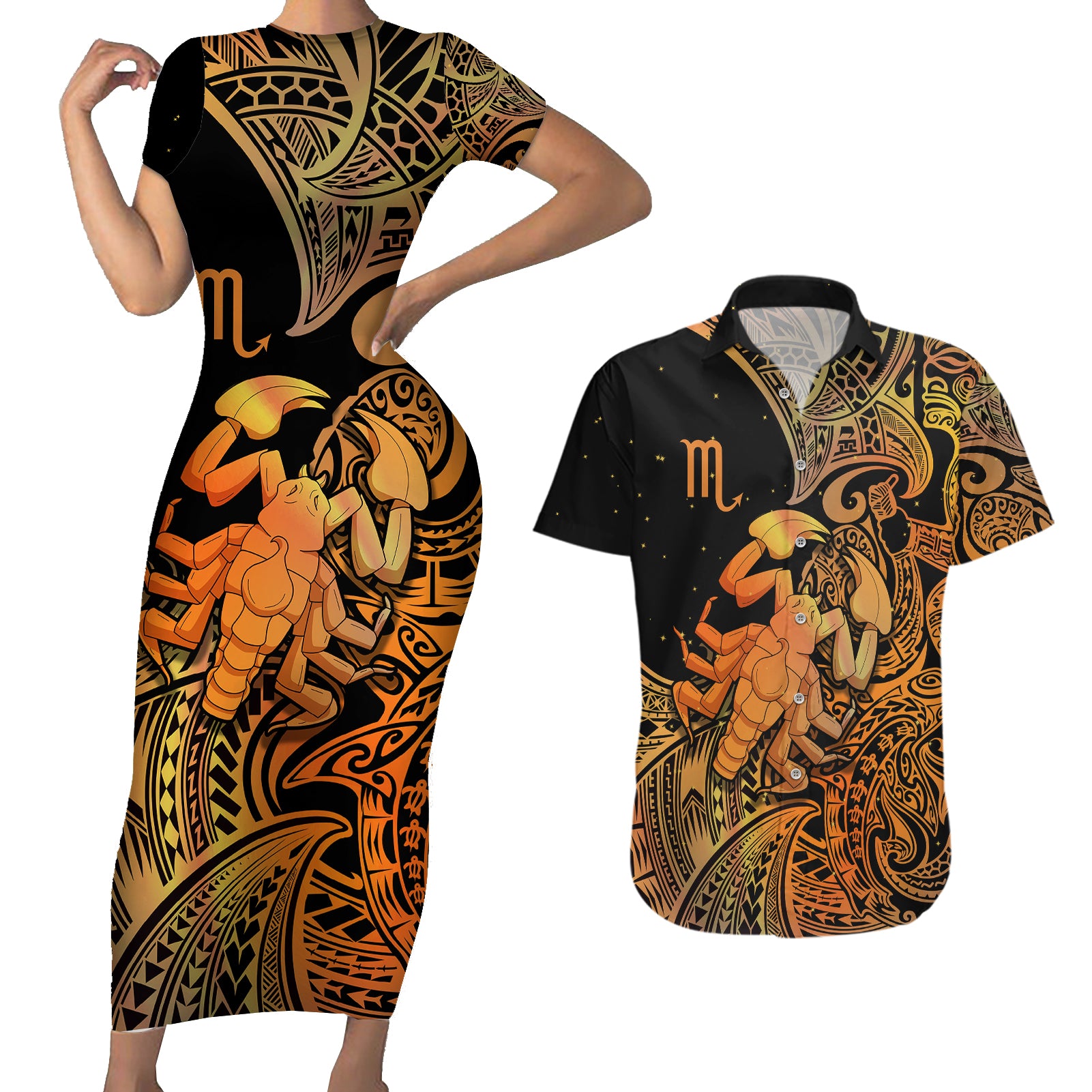 Zodiac Scorpio Couples Matching Short Sleeve Bodycon Dress and Hawaiian Shirt Polynesian in Orange TS04 Orange - Polynesian Pride