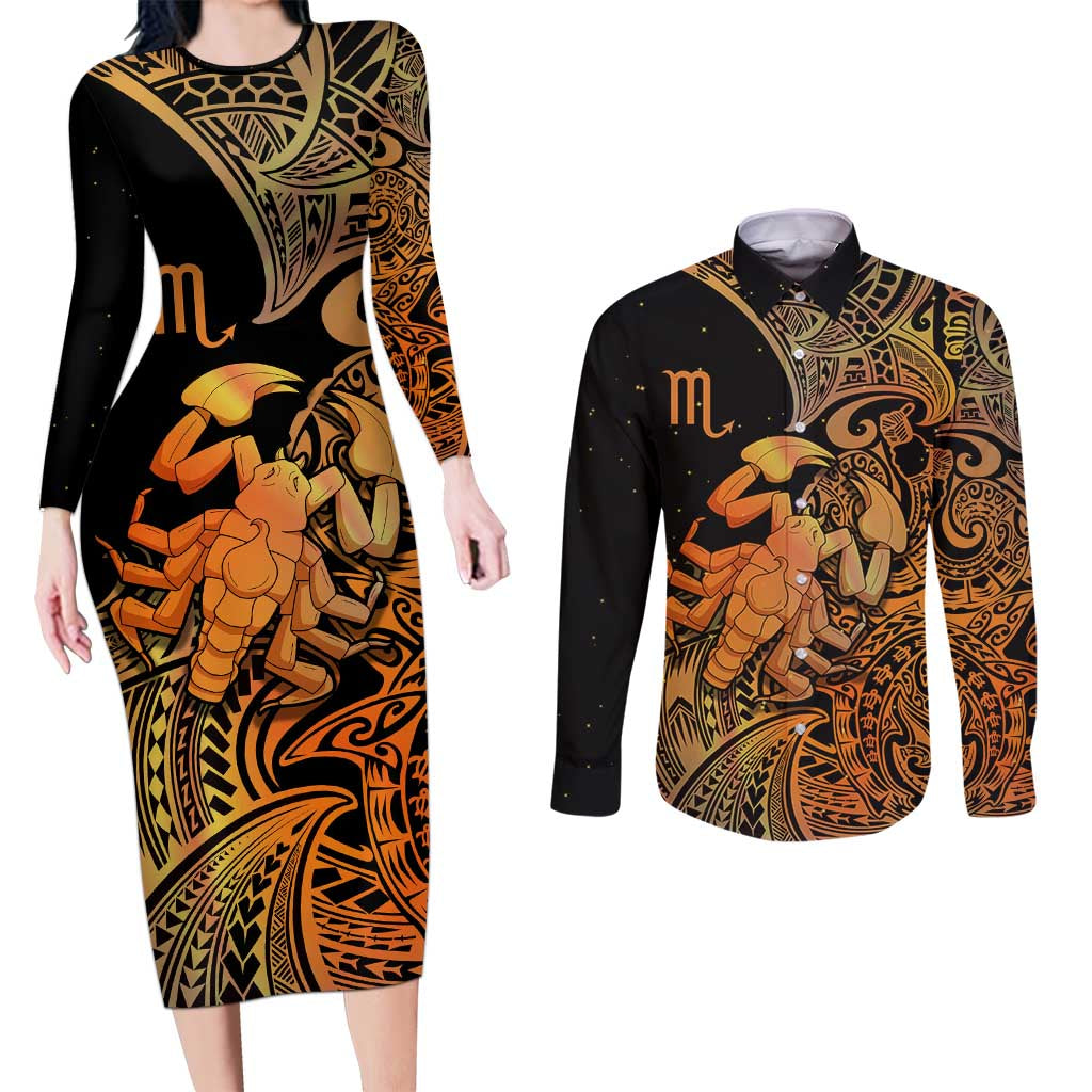 Zodiac Scorpio Couples Matching Long Sleeve Bodycon Dress and Long Sleeve Button Shirts Polynesian in Orange TS04