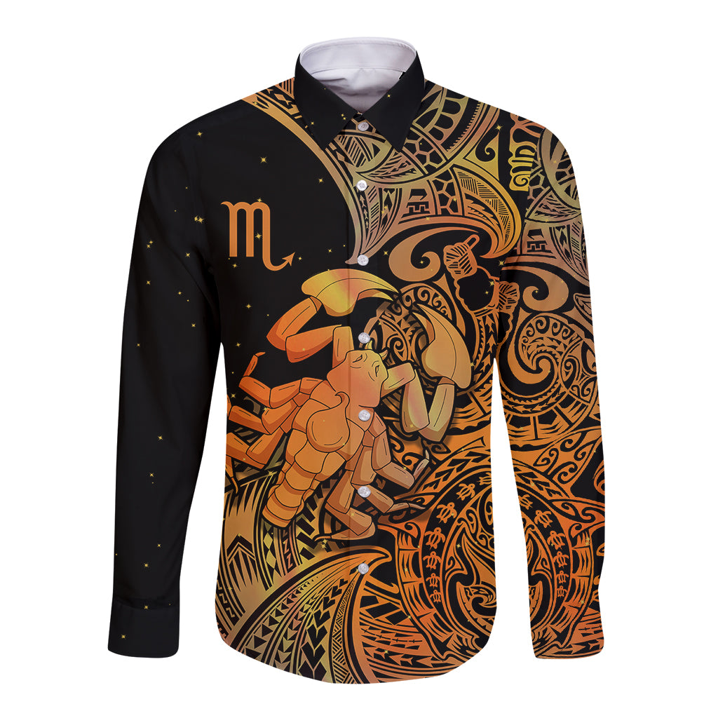 Zodiac Scorpio Long Sleeve Button Shirt Polynesian in Orange TS04 Unisex Orange - Polynesian Pride