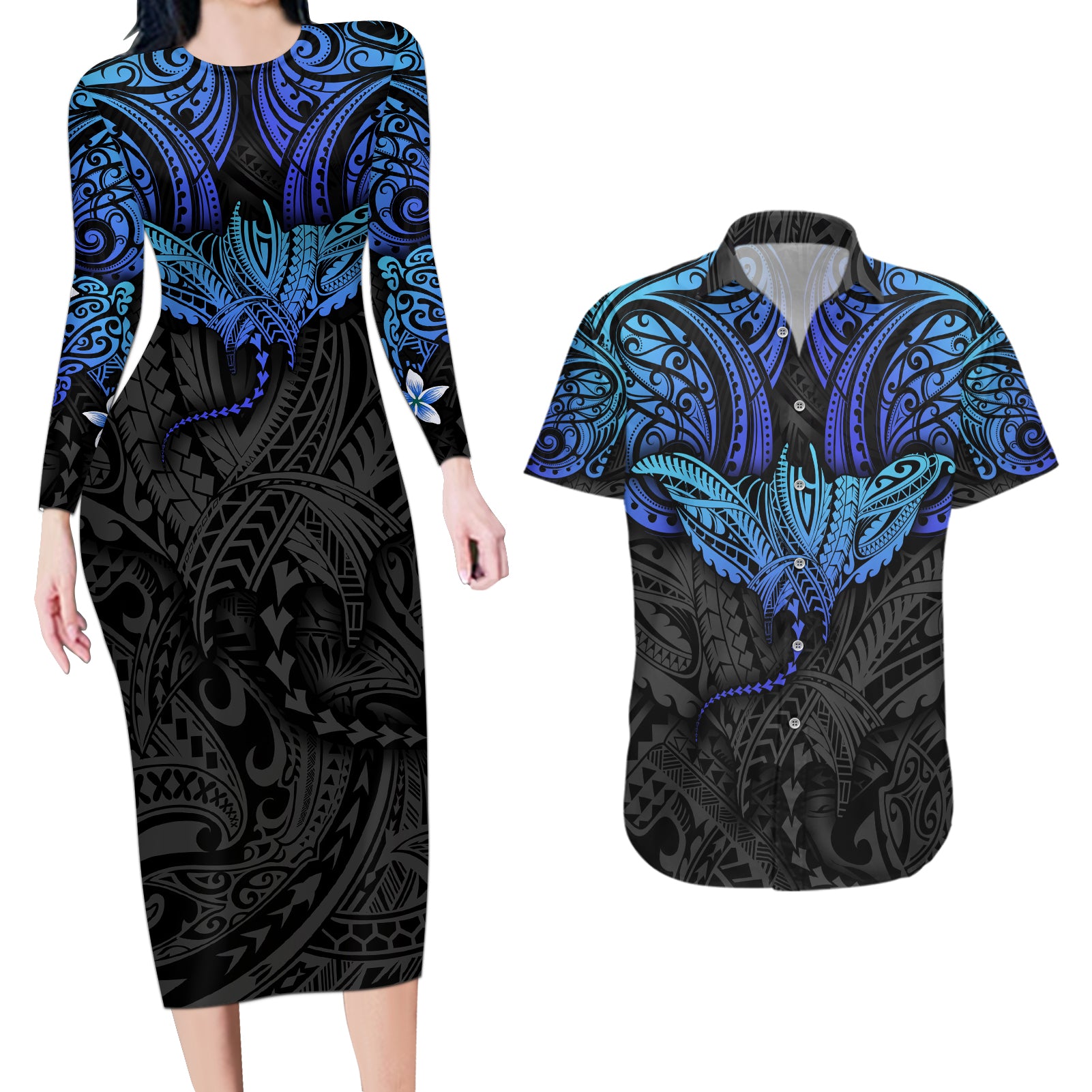 Polynesian Ray Pattern Couples Matching Long Sleeve Bodycon Dress and Hawaiian Shirt TS04 Black/Blue - Polynesian Pride