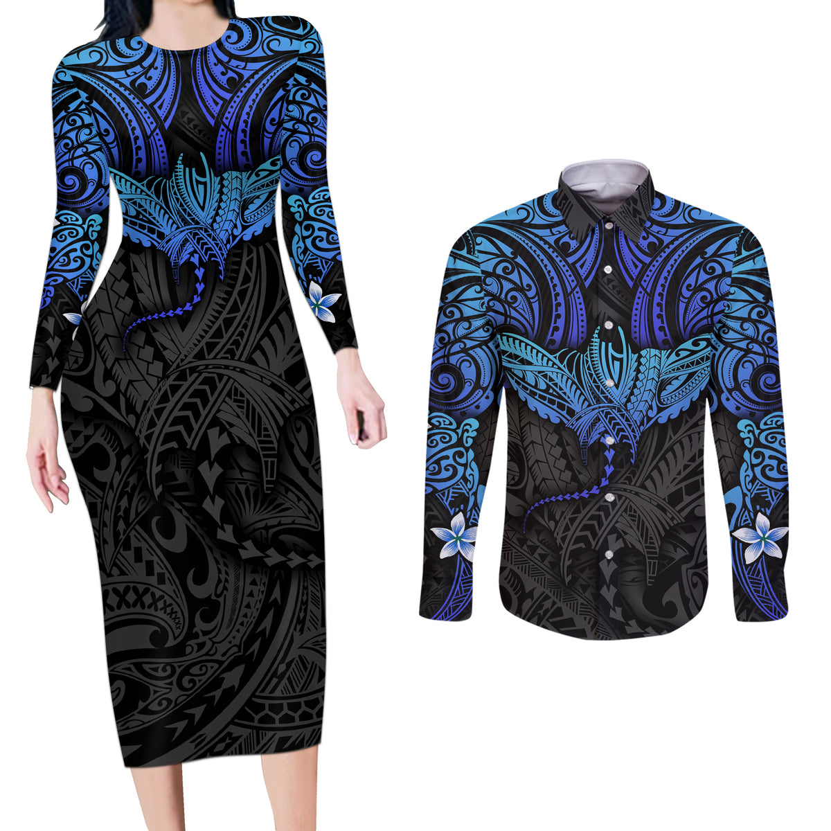 Polynesian Ray Pattern Couples Matching Long Sleeve Bodycon Dress and Long Sleeve Button Shirt TS04 Black Blue - Polynesian Pride