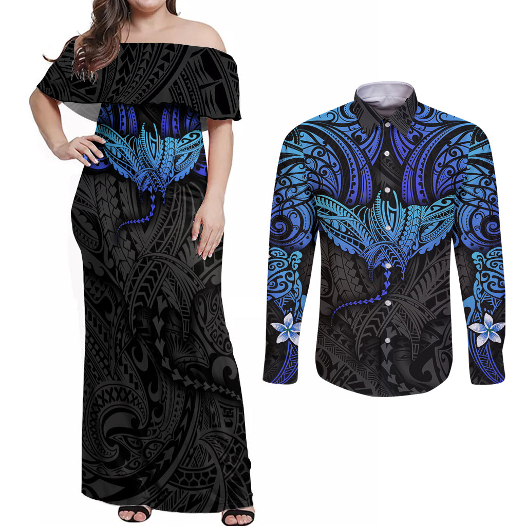Polynesian Ray Pattern Couples Matching Off Shoulder Maxi Dress and Long Sleeve Button Shirt TS04 Black Blue - Polynesian Pride