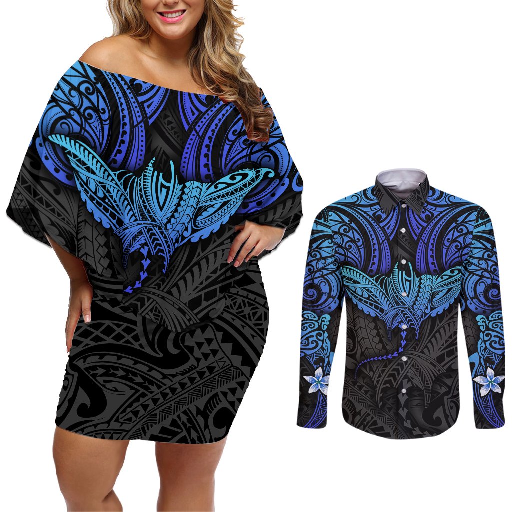 Polynesian Ray Pattern Couples Matching Off Shoulder Short Dress and Long Sleeve Button Shirt TS04 Black Blue - Polynesian Pride