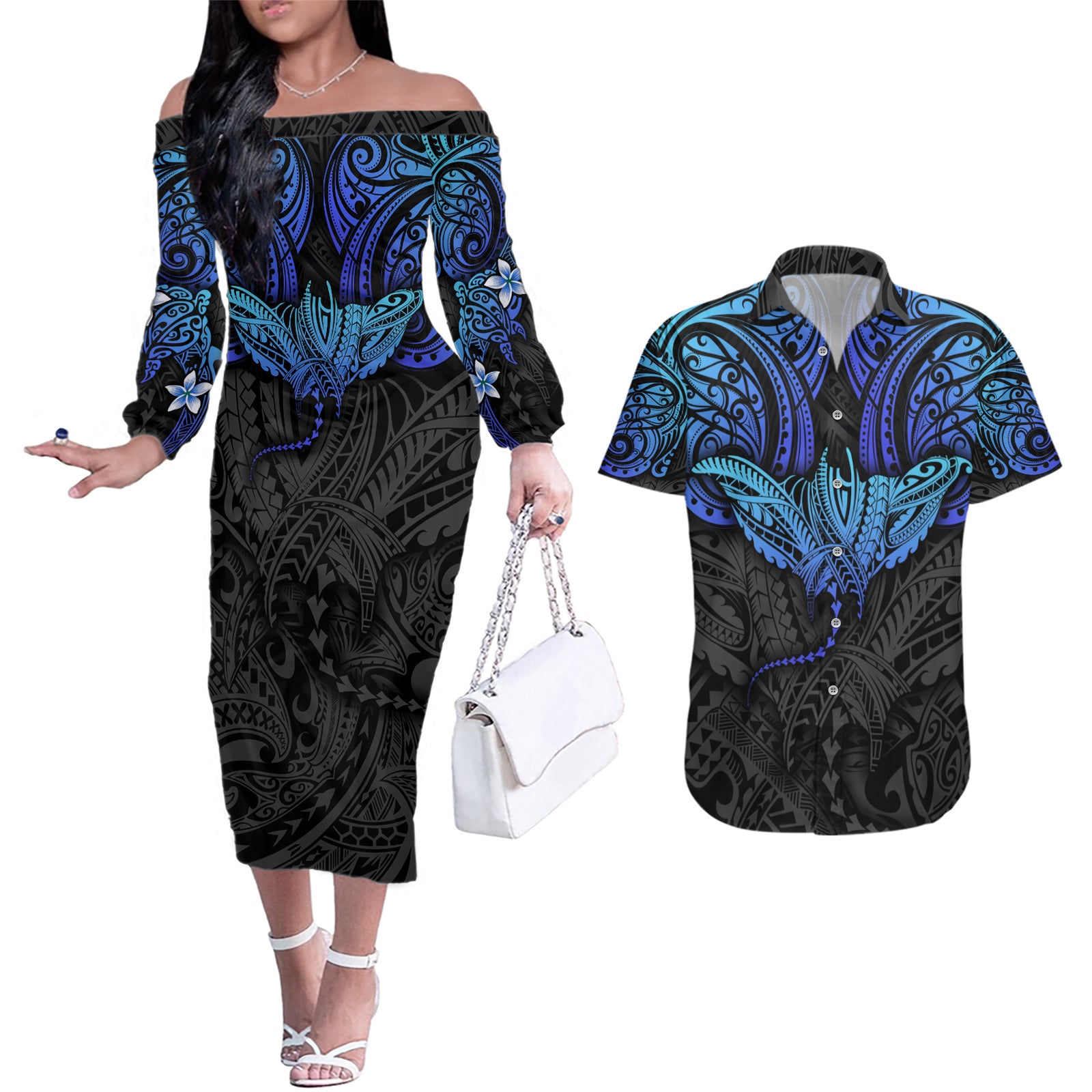 Polynesian Ray Pattern Couples Matching Off The Shoulder Long Sleeve Dress and Hawaiian Shirt TS04 Black Blue - Polynesian Pride