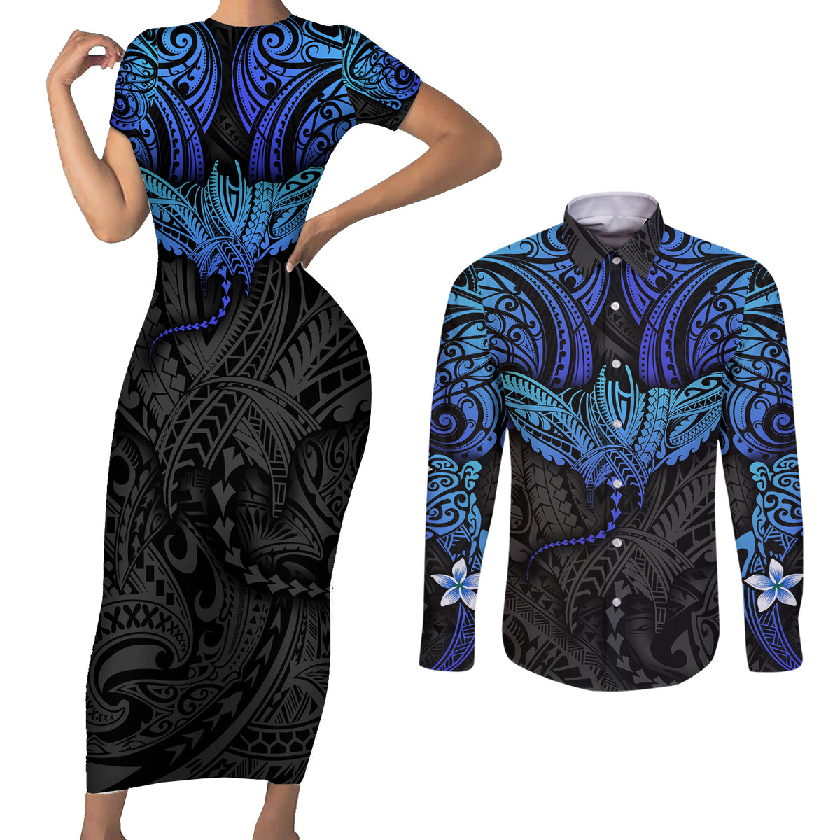 Polynesian Ray Pattern Couples Matching Short Sleeve Bodycon Dress and Long Sleeve Button Shirt TS04 Black Blue - Polynesian Pride