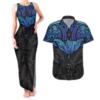 Polynesian Ray Pattern Couples Matching Tank Maxi Dress and Hawaiian Shirt TS04 Black Blue - Polynesian Pride