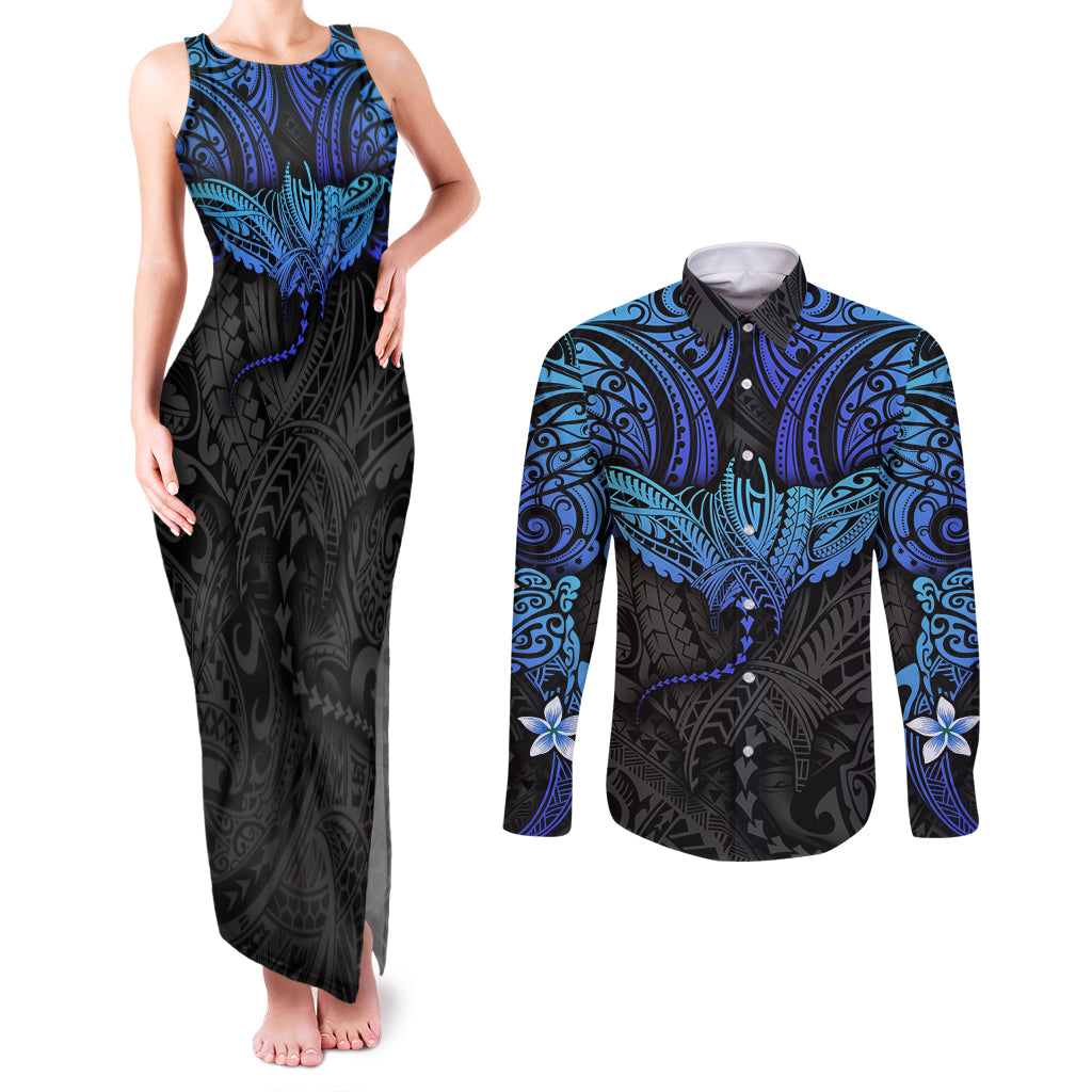 Polynesian Ray Pattern Couples Matching Tank Maxi Dress and Long Sleeve Button Shirt TS04 Black Blue - Polynesian Pride