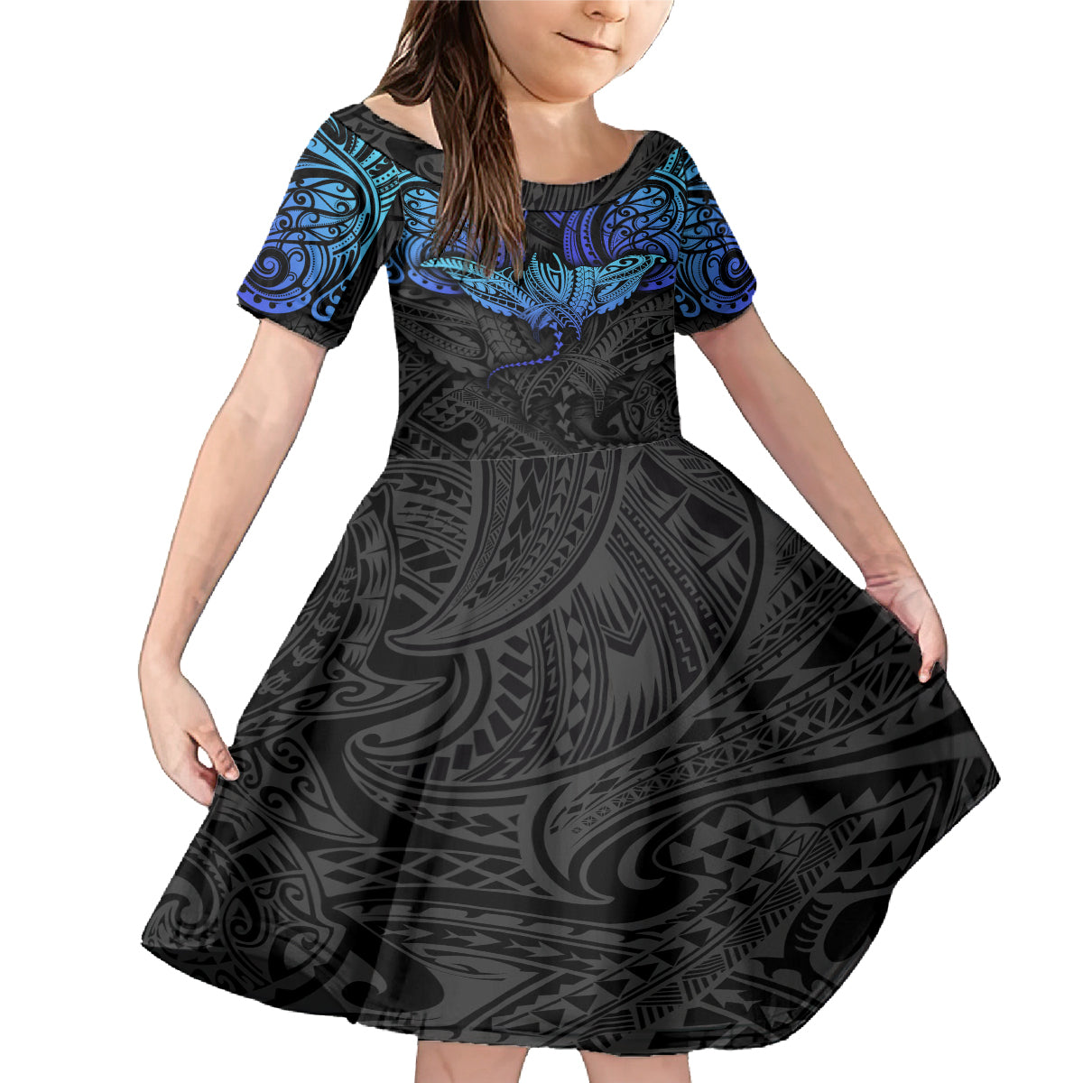 Polynesian Ray Pattern Family Matching Mermaid Dress and Hawaiian Shirt TS04 Daughter's Dress Black Blue - Polynesian Pride