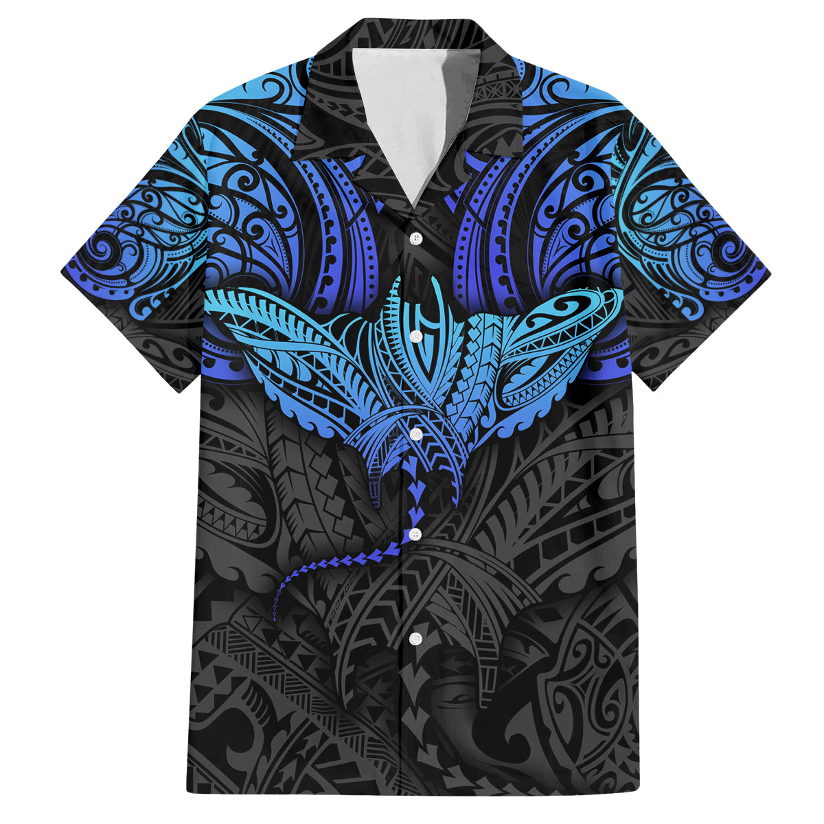 Polynesian Ray Pattern Family Matching Off Shoulder Long Sleeve Dress and Hawaiian Shirt TS04 Dad's Shirt - Short Sleeve Black Blue - Polynesian Pride