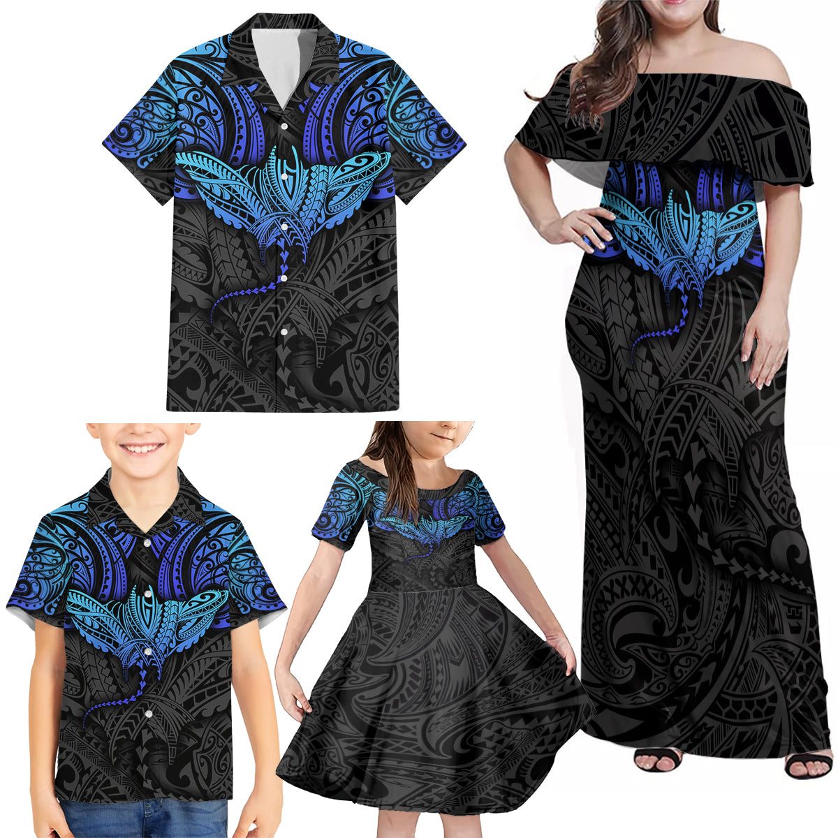 Polynesian Ray Pattern Family Matching Off Shoulder Maxi Dress and Hawaiian Shirt TS04 - Polynesian Pride