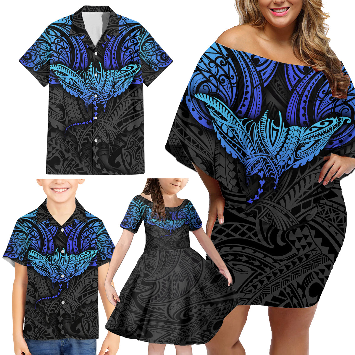 Polynesian Ray Pattern Family Matching Off Shoulder Short Dress and Hawaiian Shirt TS04 - Polynesian Pride