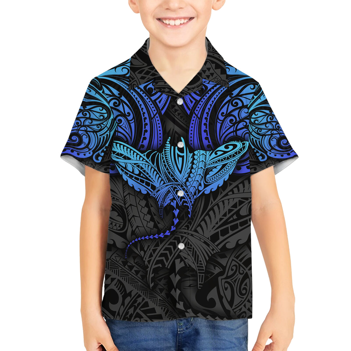 Polynesian Ray Pattern Family Matching Off Shoulder Short Dress and Hawaiian Shirt TS04 Son's Shirt Black Blue - Polynesian Pride