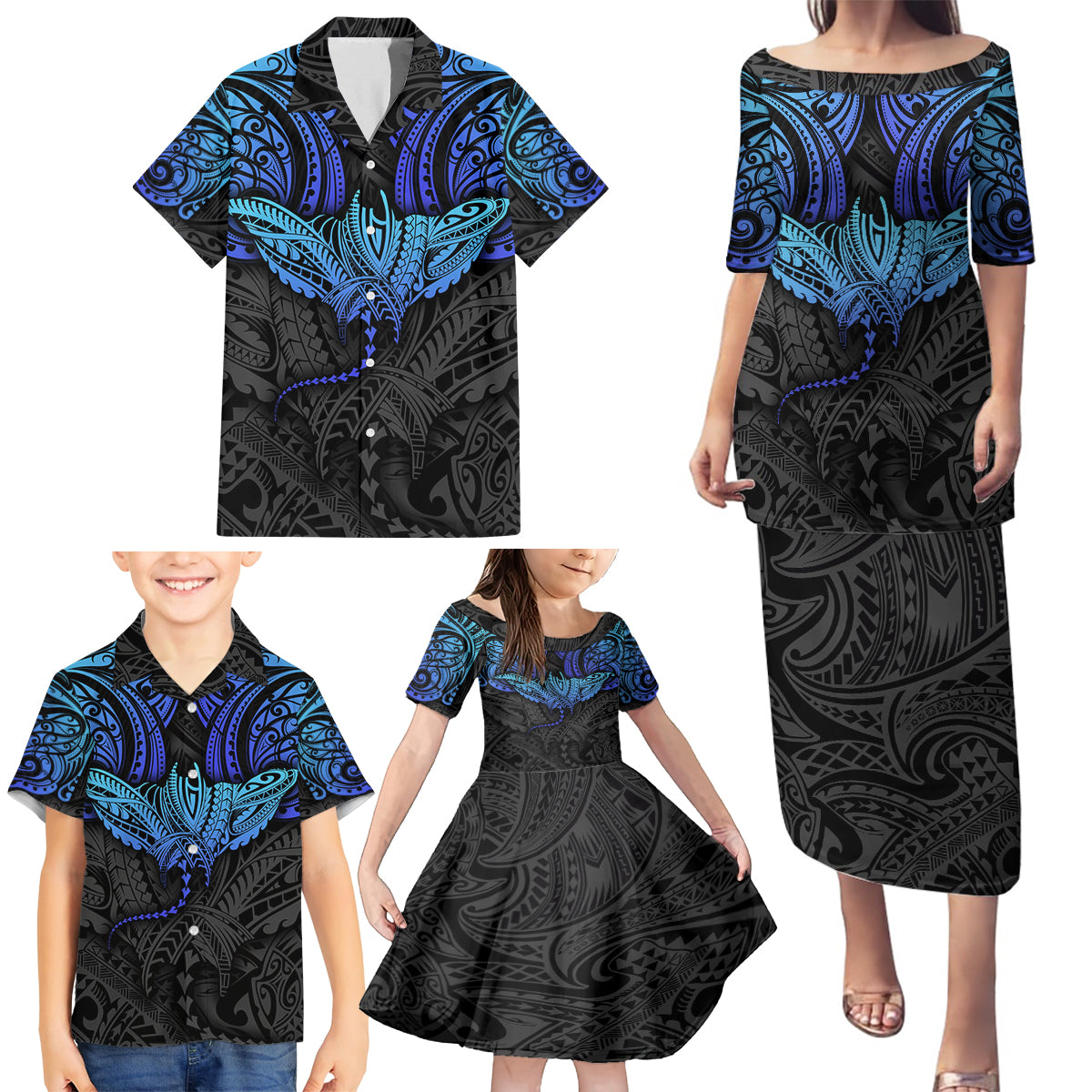 Polynesian Ray Pattern Family Matching Puletasi Dress and Hawaiian Shirt TS04 - Polynesian Pride