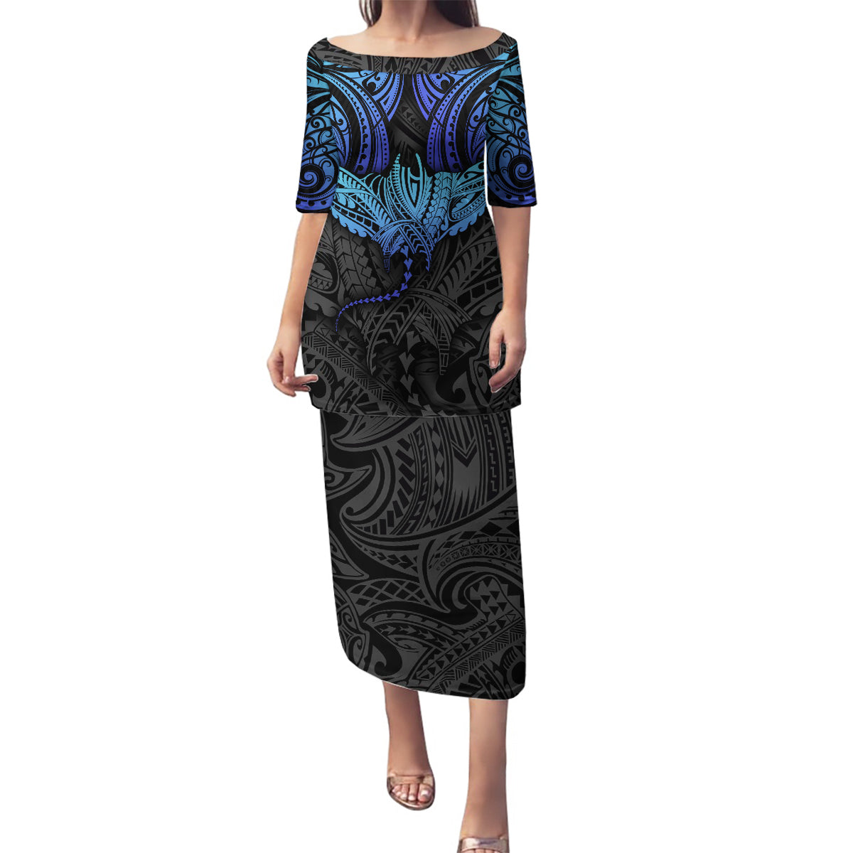 Polynesian Ray Pattern Family Matching Puletasi Dress and Hawaiian Shirt TS04 Mom's Dress Black Blue - Polynesian Pride