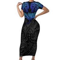 Polynesian Ray Pattern Family Matching Short Sleeve Bodycon Dress and Hawaiian Shirt TS04 Mom's Dress Black Blue - Polynesian Pride