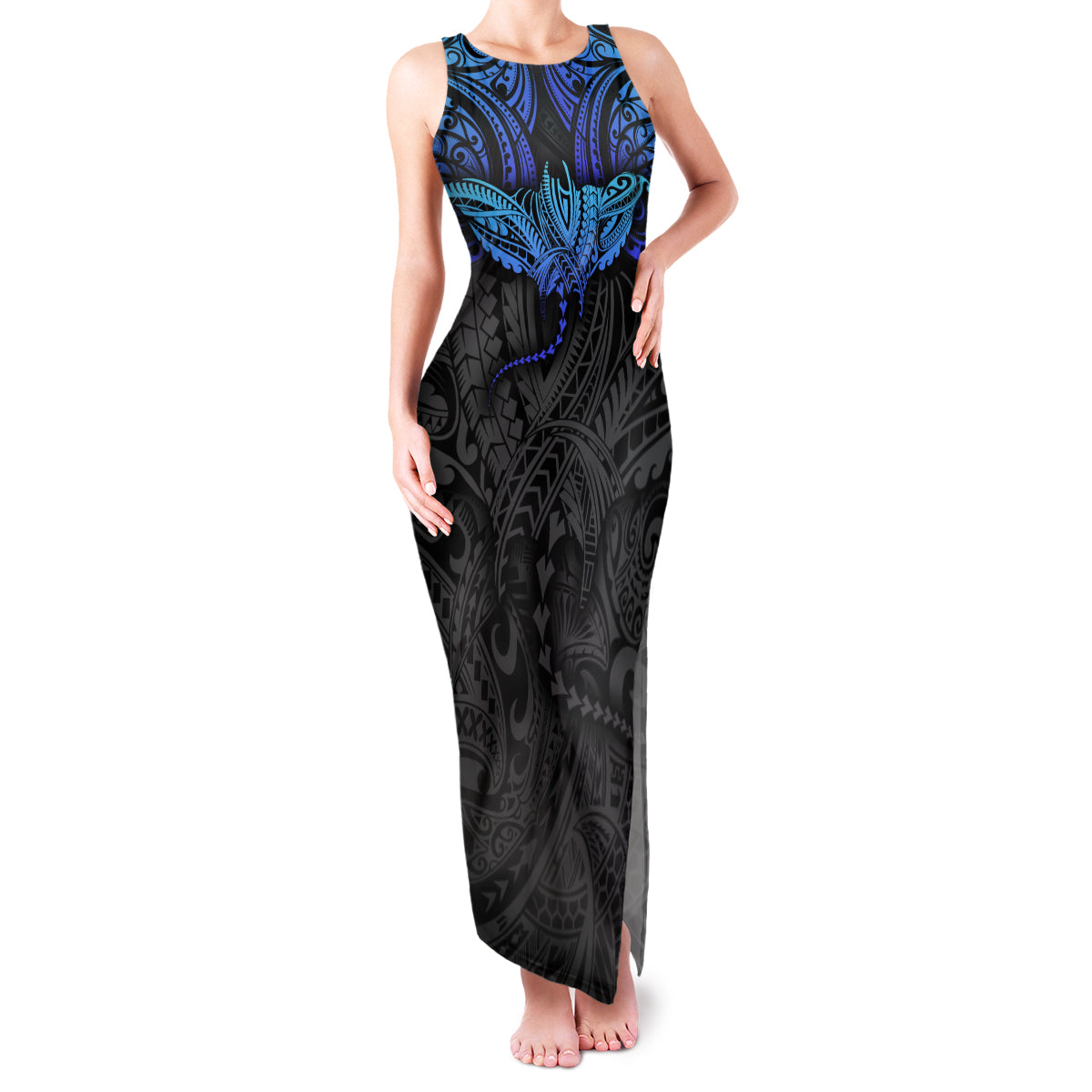 Polynesian Ray Pattern Family Matching Tank Maxi Dress and Hawaiian Shirt TS04 Mom's Dress Black Blue - Polynesian Pride