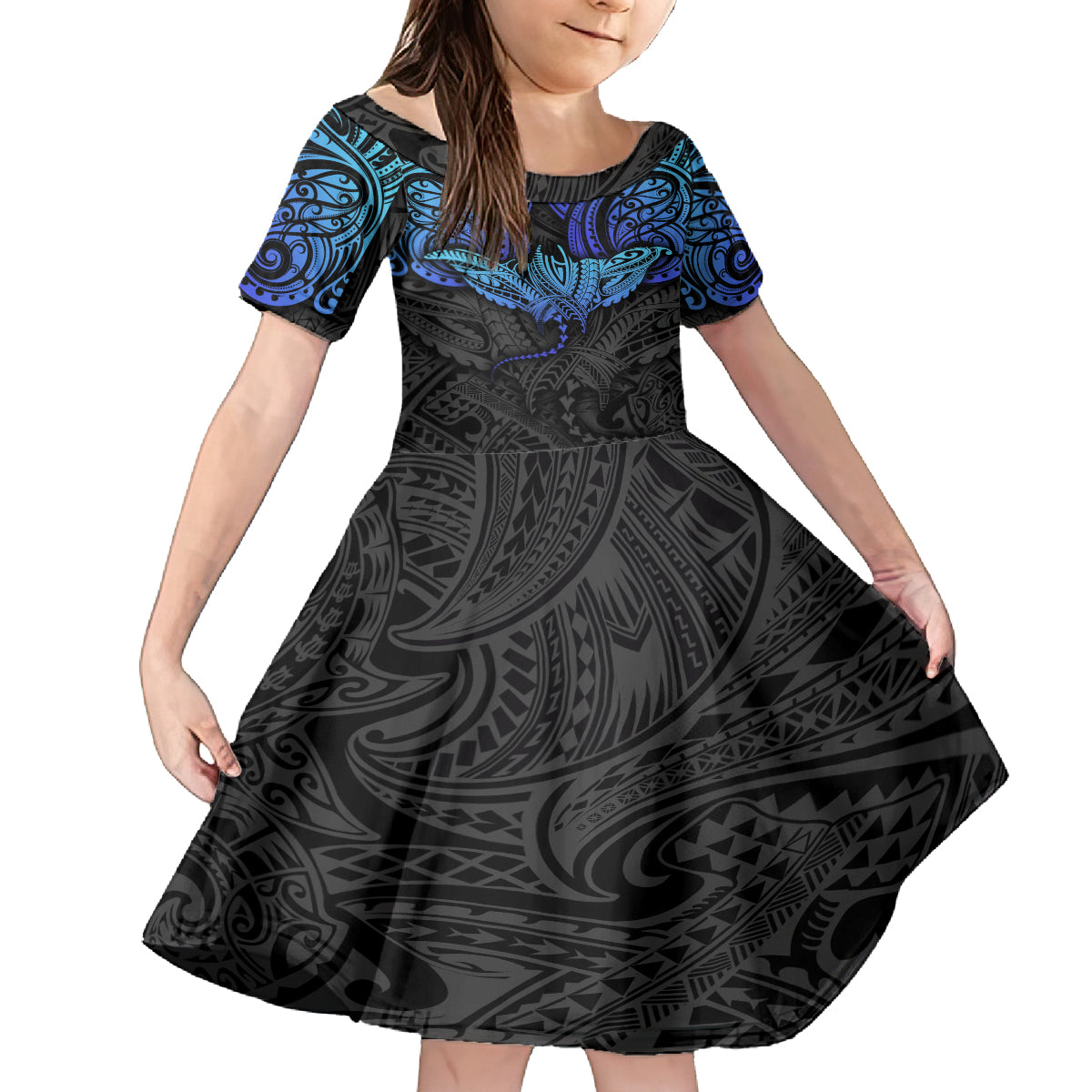 Polynesian Ray Pattern Kid Short Sleeve Dress TS04 KID Black/Blue - Polynesian Pride