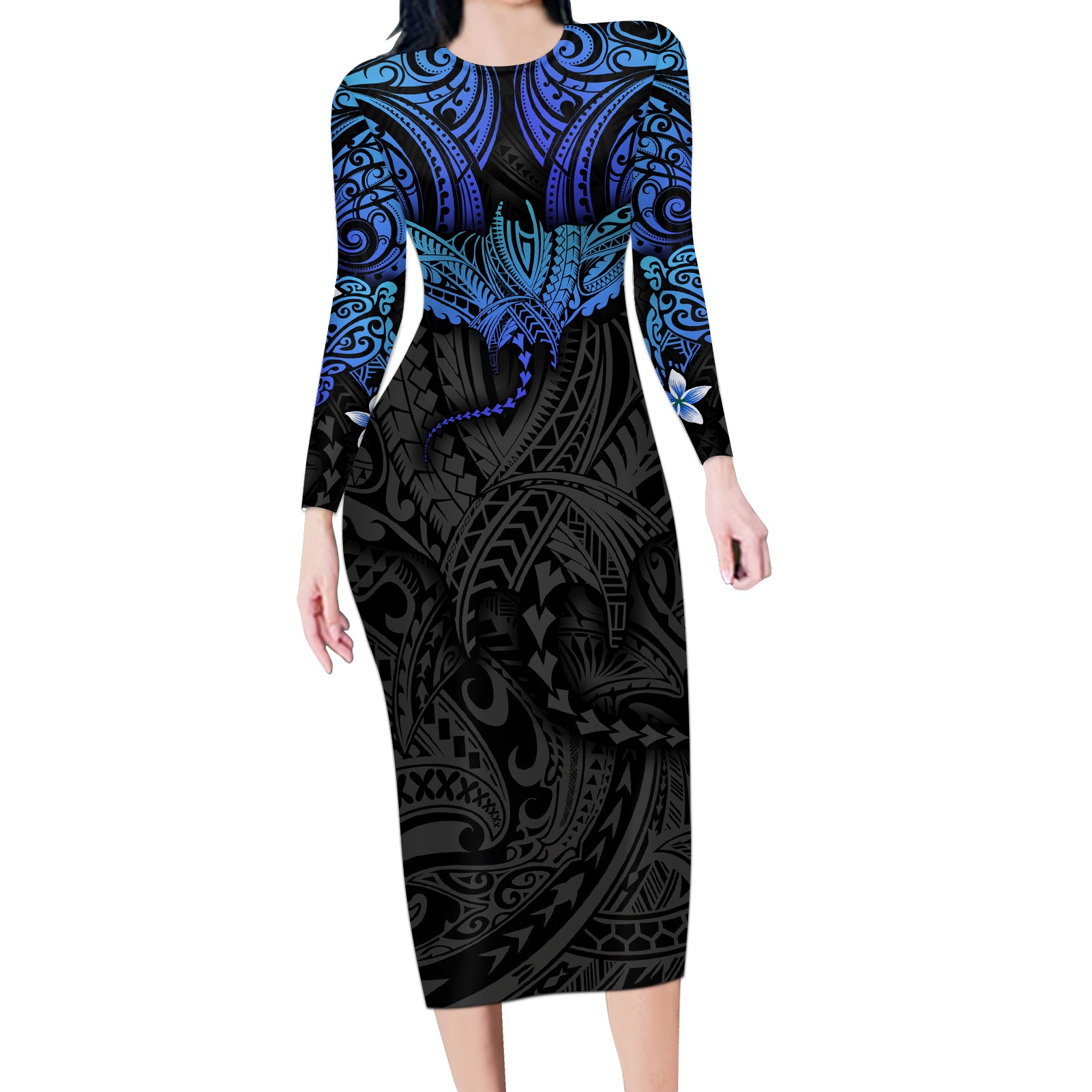 Polynesian Ray Pattern Long Sleeve Bodycon Dress TS04 Long Dress Black/Blue - Polynesian Pride