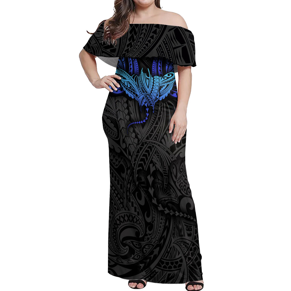 Polynesian Ray Pattern Off Shoulder Maxi Dress TS04 Women Black Blue - Polynesian Pride