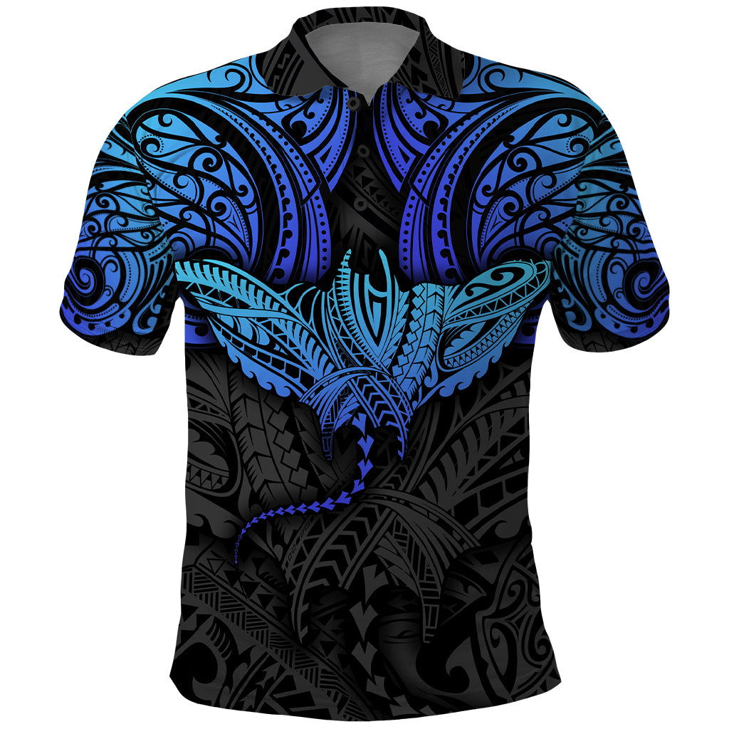 Polynesian Ray Pattern Polo Shirt TS04 Black/Blue - Polynesian Pride