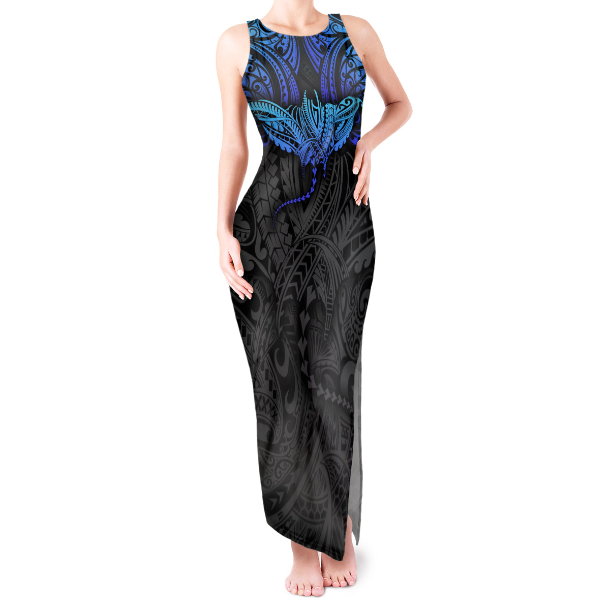 Polynesian Ray Pattern Tank Maxi Dress TS04 Women Black/Blue - Polynesian Pride