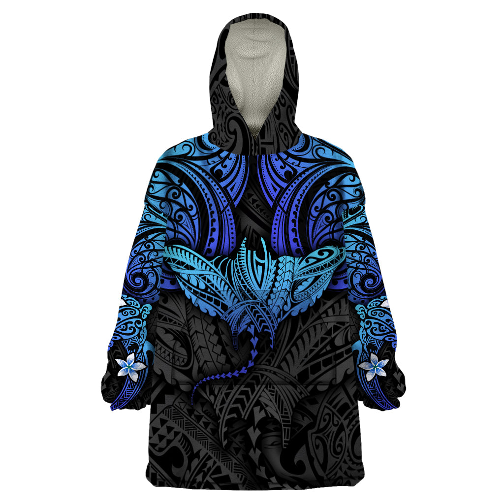 Polynesian Ray Pattern Wearable Blanket Hoodie TS04 One Size Black/Blue - Polynesian Pride