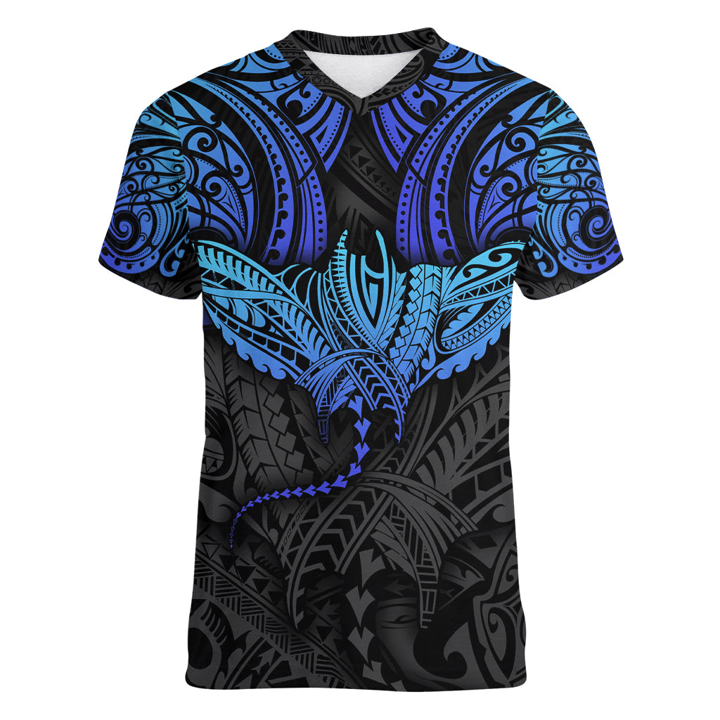 Polynesian Ray Pattern Women V Neck T Shirt TS04 Female Black/Blue - Polynesian Pride
