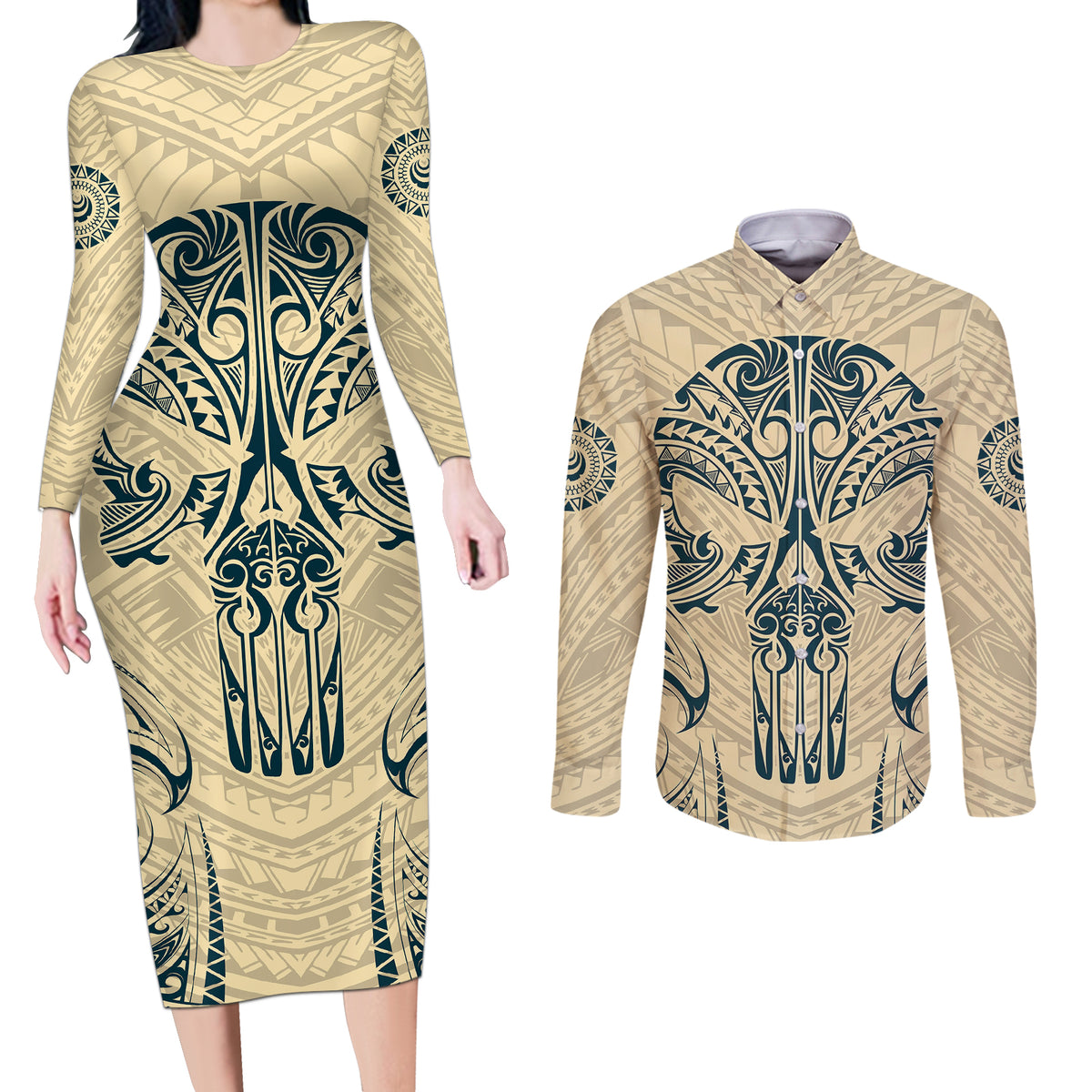 Polynesian Couples Matching Long Sleeve Bodycon Dress and Long Sleeve Button Shirts Warrior Skull with Tribal Patterns Tattoo Design TS04 Yellow - Polynesian Pride