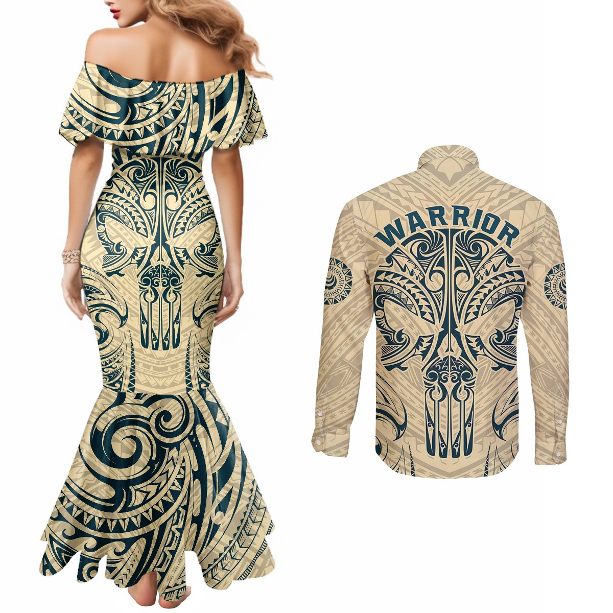 Polynesian Couples Matching Mermaid Dress and Long Sleeve Button Shirts Warrior Skull with Tribal Patterns Tattoo Design TS04 - Polynesian Pride