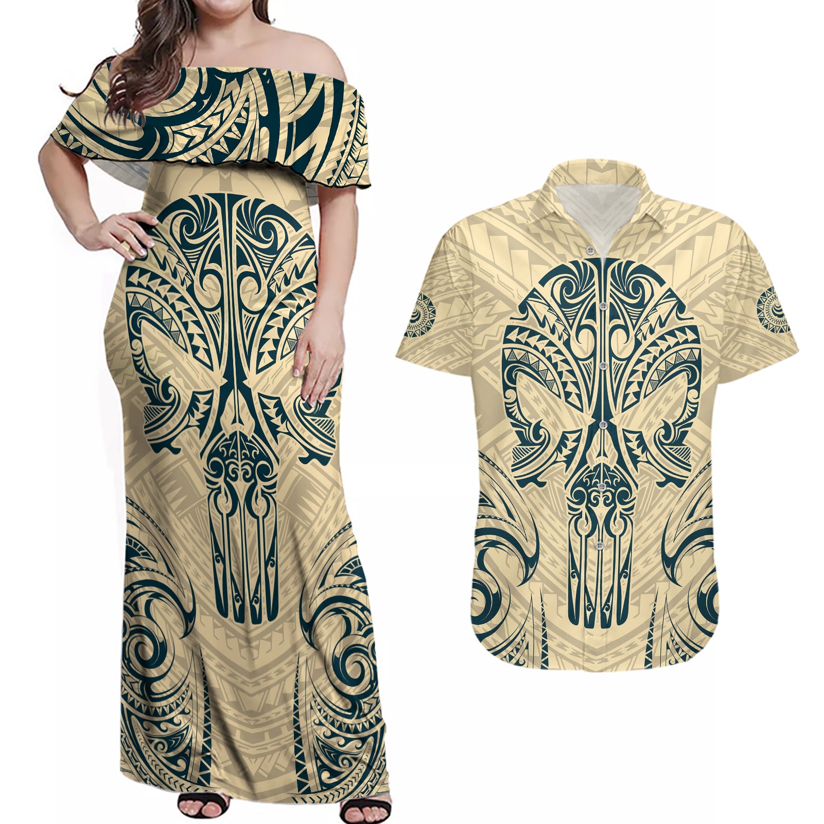 Polynesian Couples Matching Off Shoulder Maxi Dress and Hawaiian Shirt Warrior Skull with Tribal Patterns Tattoo Design TS04 Yellow - Polynesian Pride